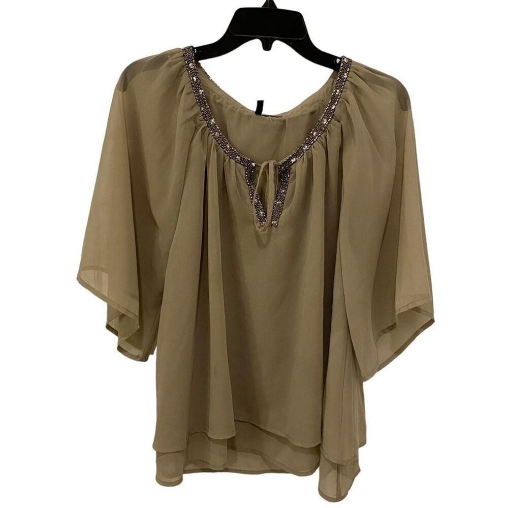 Benetton Beige Double Layer Chiffon Beaded Neckline Batwing Sleeve Blouse Medium